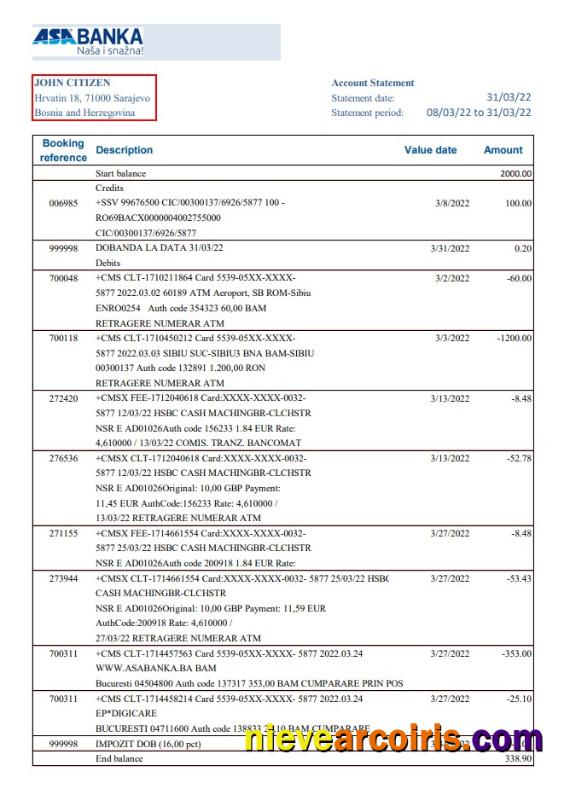Bosnia and Herzegovina ASA Banka statement